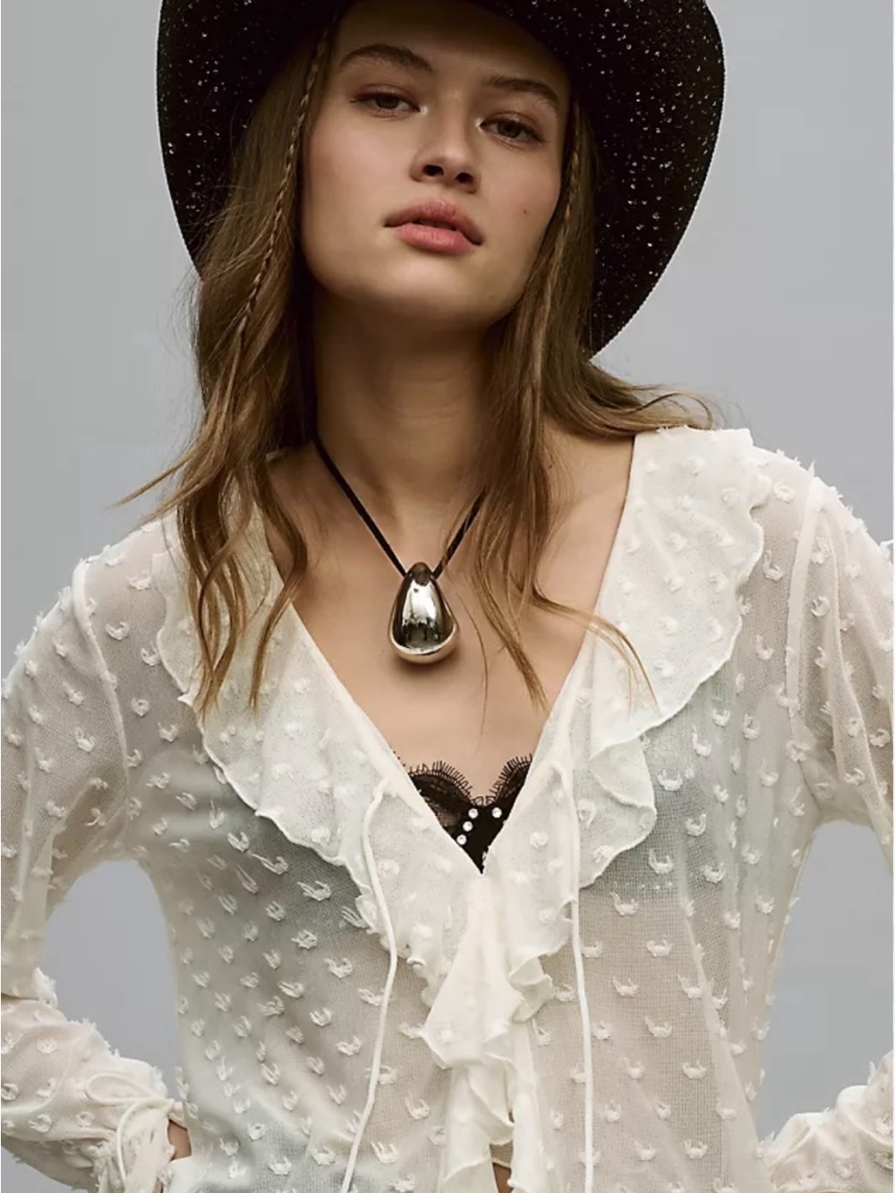 Anthropologie White Swiss Dot Ruffle semi Sheer Blouse